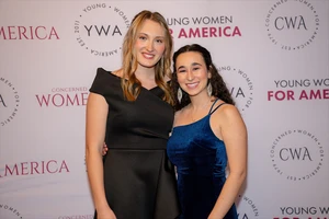 Sestak (left) and Tori Hitchcock (right), YWA Chapter President of California Baptist University, speak at CWA's donor celebration dinner in Washington, D.C.